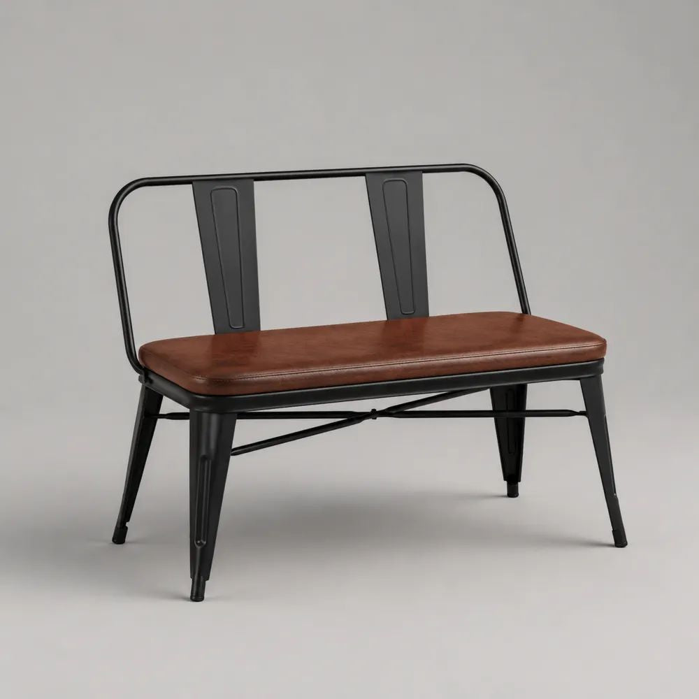 Gepolsterte Sitzbank mit Rückenlehne, Stahlrahmen und PU-Bezug, Braun/Schwarz, 110 × 54 × 84 cm