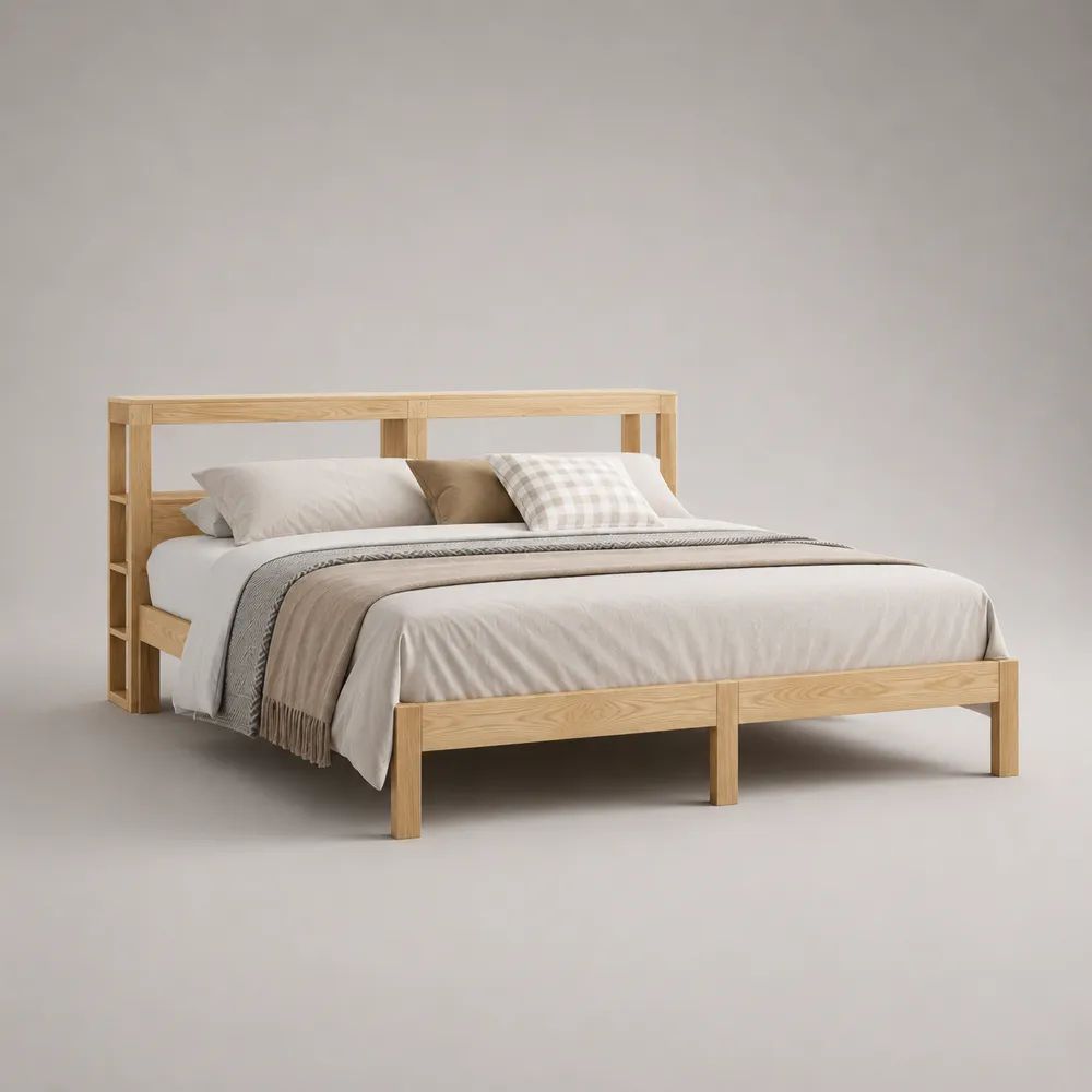 Doppelbett-Bettgestell aus massivem Kiefernholz mit Ablagekopfteil, Natur, Liegefläche 180 × 200 cm
