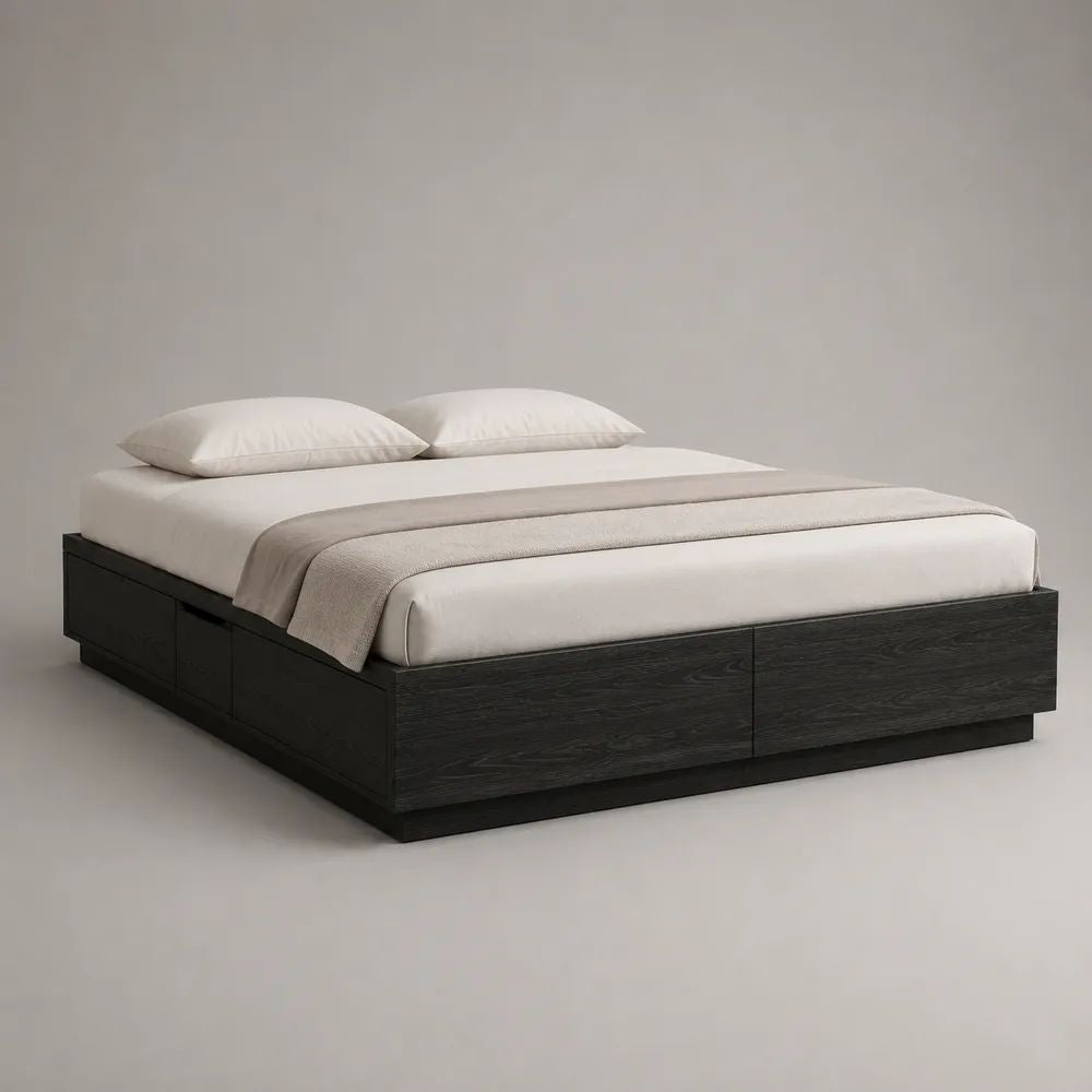 Stauraumbett aus MDF und Spanplatte, Liegefläche 180 × 200 cm, Außenmaß 208 × 188 × 44 cm, Schwarz