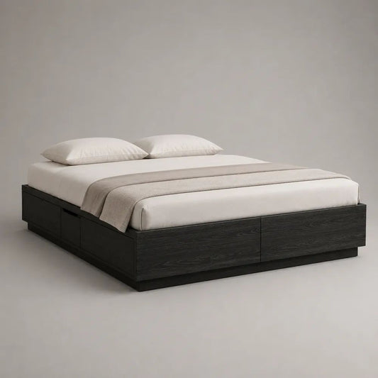 Stauraumbett aus MDF und Spanplatte, Liegefläche 180 × 200 cm, Außenmaß 208 × 188 × 44 cm, Schwarz