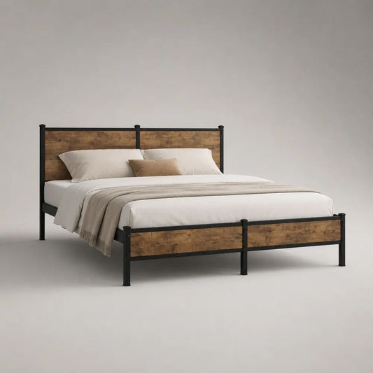 Doppelbett Metallbett mit Stahl-Lattenrost und MDF-Kopfteil, Eichefarben/Schwarz, Liegefläche 160 × 200 cm