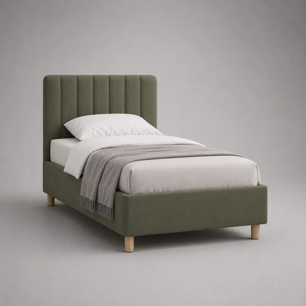 Polsterbett Einzelbett 90 x 200 cm mit Lattenrost und vertikal gestepptem Kopfteil aus Polyester-Mikrofaser, Olivgrün