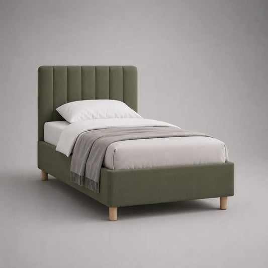 Polsterbett Einzelbett 90 x 200 cm mit Lattenrost und vertikal gestepptem Kopfteil aus Polyester-Mikrofaser, Olivgrün
