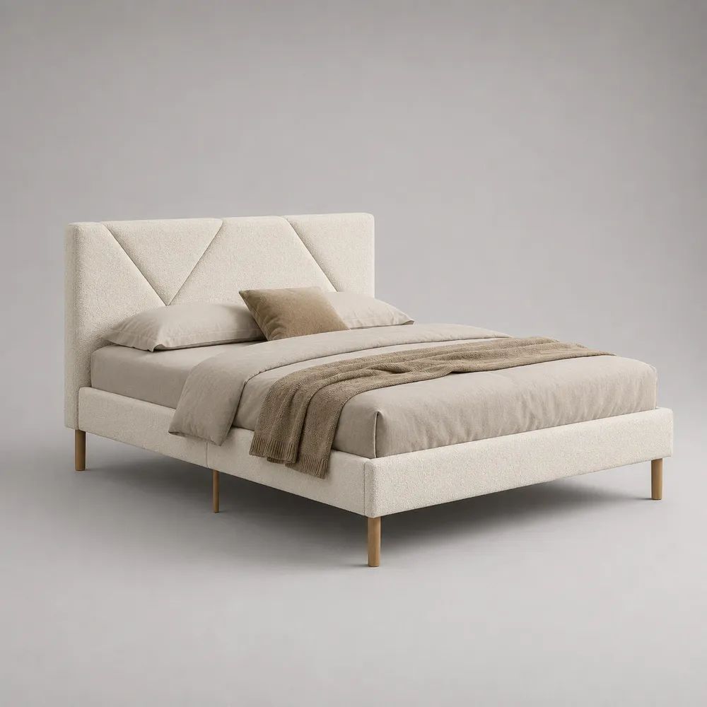 Polsterbett Doppelbett mit Kopfteil aus Polyester-Bouclé, Creme/Natur, Liegefläche 160 × 200 cm