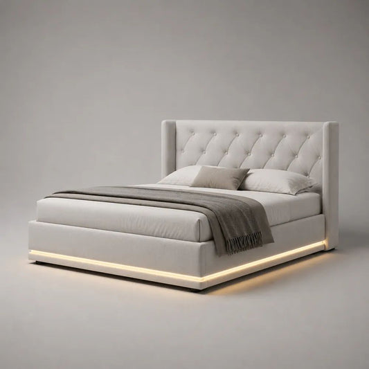 Polsterbett Doppelbett mit LED-Beleuchtung und Knopfheftung, Samtbezug in Beige, Liegefläche 160 × 200 cm