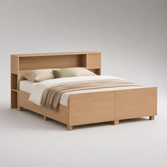 Doppelbett-Bettgestell aus Spanplatte mit Regal-Kopfteil, Helle Eiche, Liegefläche 160 × 200 cm