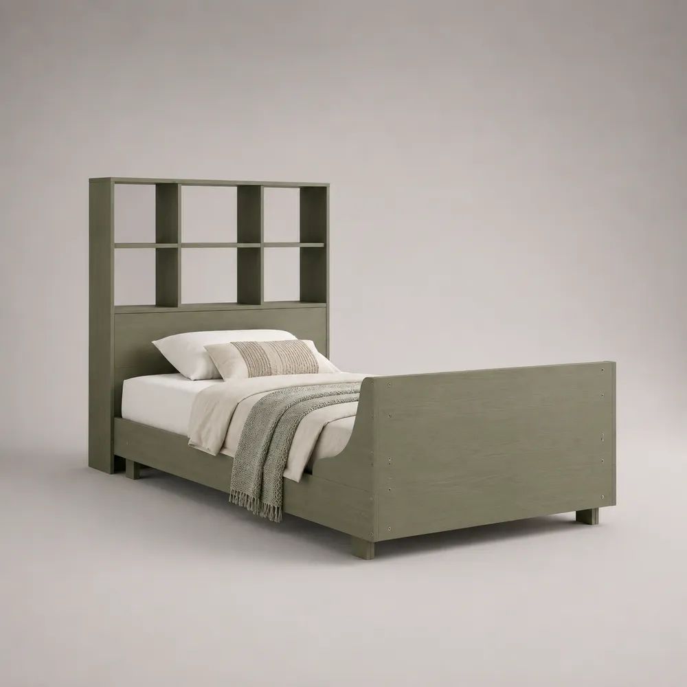 Einzelbett aus Holz mit Regal-Kopfteil, Graugrün, Liegefläche 90 × 200 cm, Gesamtmaß 214 × 99 × 180 cm