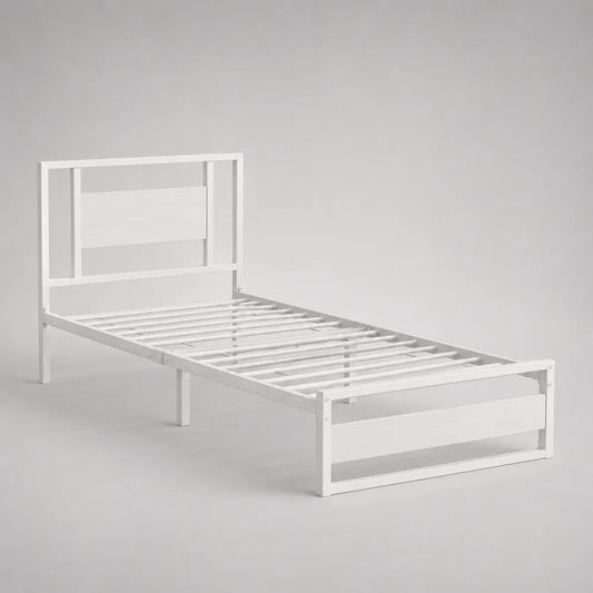 Metallbett Einzelbett aus Stahl mit Metalllattenrost, Weiß, Liegefläche 90 x 200 cm, Gesamtmaß 208 x 96 x 100 cm