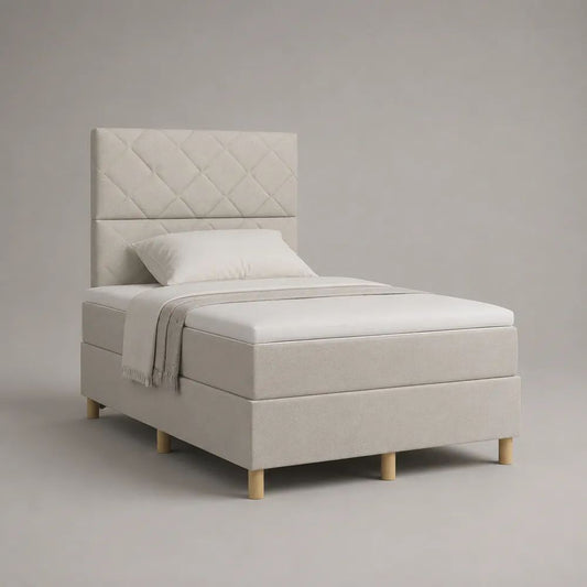 Boxspringbett 90 × 200 cm, 4-teilig mit Matratze, Topper und Kopfteil, Stoff, Cremeweiß/Natur