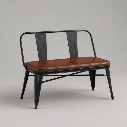 Gepolsterte Sitzbank mit Rückenlehne, Stahlrahmen und PU-Bezug, Braun/Schwarz, 110 × 54 × 84 cm